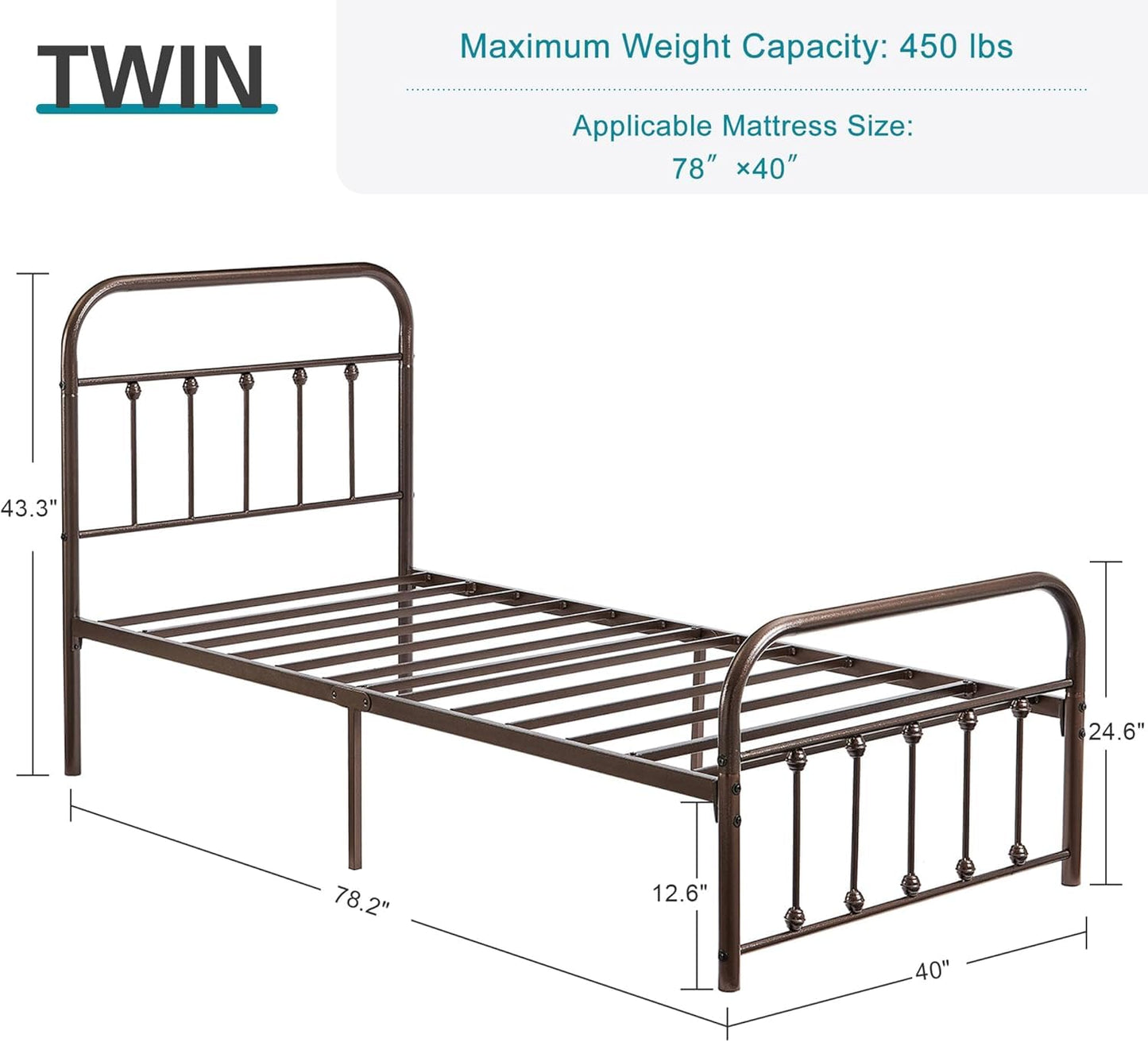 VECELO King Size Victorian Style Metal Bed Frame with Headboard/Mattress Foundation/No Box Spring Needed/Under Bed Storage and Strong Slat Support Purple Bronze