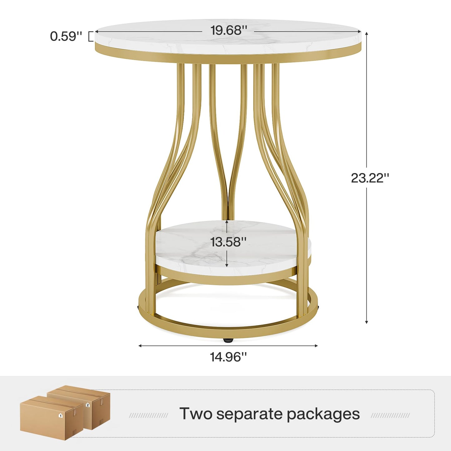 Tribesigns Round Side End Table 2-Tier End Tables Modern Bedside Table Small Chairside Tables with Storage for Couch Side, Nightstand with Metal Frame for Living Room (1, White+Gold)
