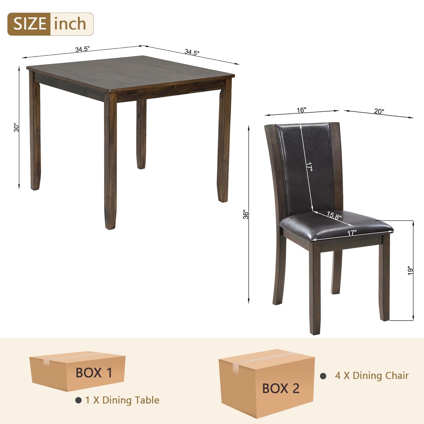 LKTART 5-Piece Kitchen & Dining Room Table and Chairs Sets,Small Square Kitchen Table with 4 Upholstered XX-Shaped Backrest Chairs,Walnut