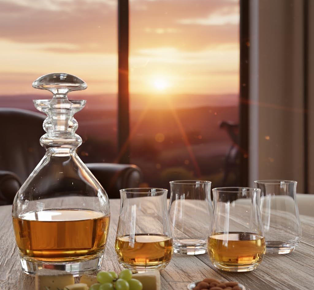 Whiskey Decanter Set, Made in Europe, 100% Lead-Free Crystal, Gift-Boxed, 1 Decanter & 4 Double Old Fashioned Glasses (Thomas Jefferso Decanter Set)