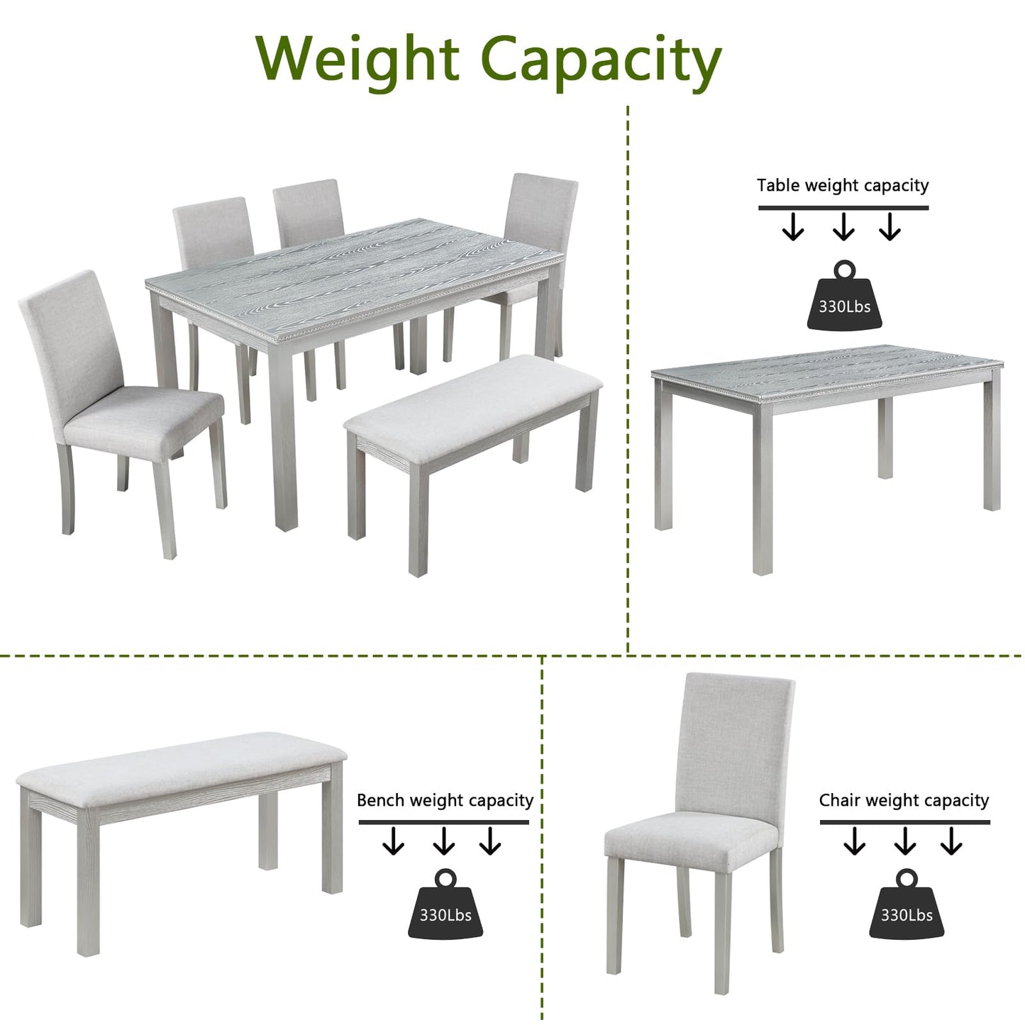 LKTART 6 Piece Kitchen Dining Set, 58.5" Rectangular Wooden Dinner Table with 4 Upholstered Chairs and a Bench for Living Room, Home Bar and Kitchen, Walnut
