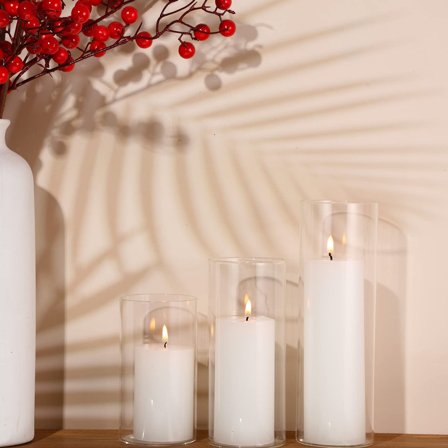 Shihanee Set of 3 Pillar Candles and 3 Glass Cylinder Candle Vases Holders Clear Pillar Jars for Wedding Centerpieces(3'' x 5.9'', 7.9'', 9.8'',Ivory White)