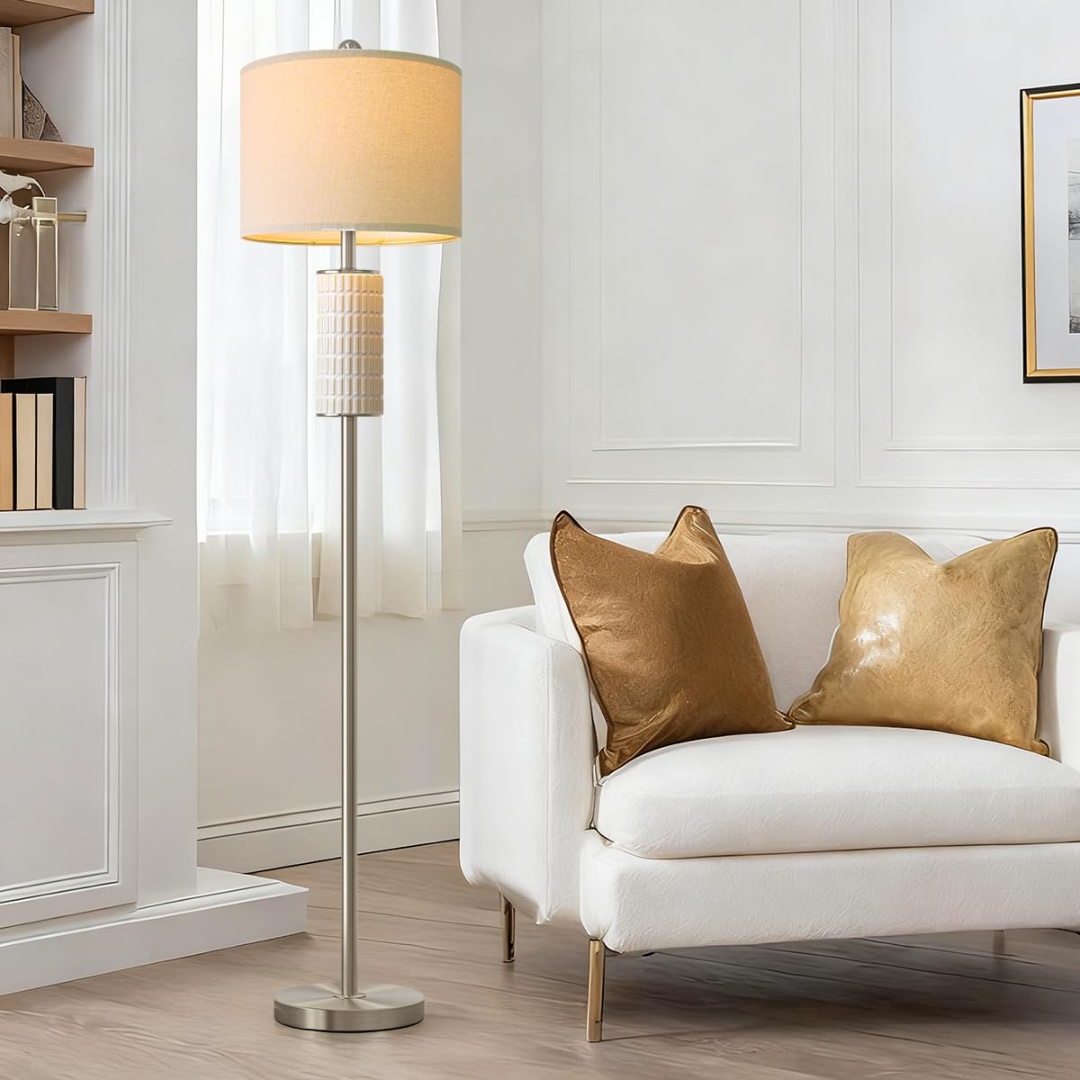 PoKat Farmhouse Floor Lamp for Living Room with Ceramic, 64" Black Standing Lamps for Living Room Corner, Modern Tall Floor Lamps for Bedroom, Sofa, Reading Nock, Rotary Switch, Matte Black
