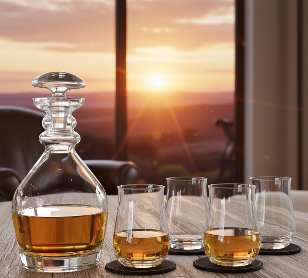 Whiskey Decanter Set, Made in Europe, 100% Lead-Free Crystal, Gift-Boxed, 1 Decanter & 4 Double Old Fashioned Glasses (Thomas Jefferso Decanter Set)