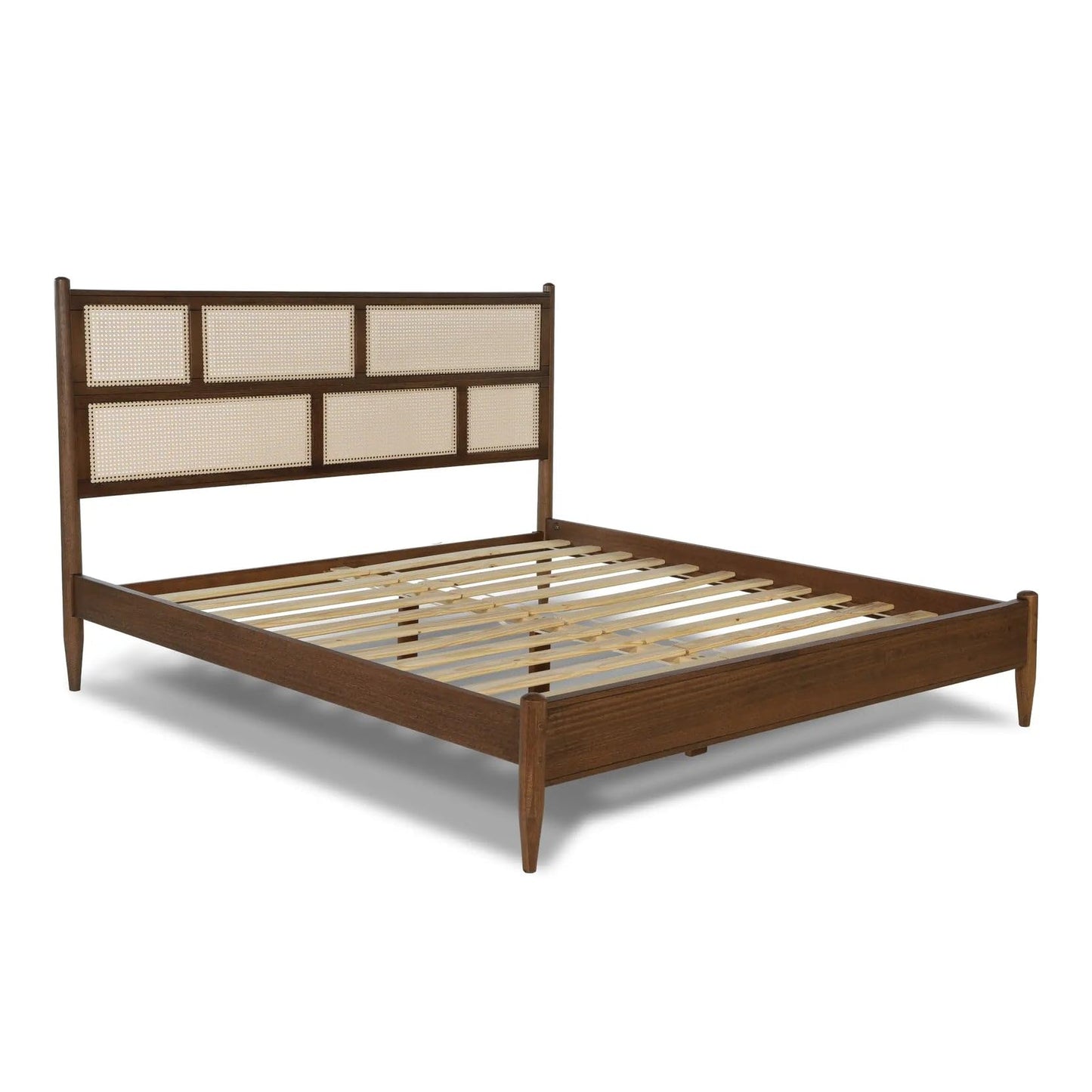 Grain Wood Furniture Mid Century Cane Solid Wood Queen Size Bed with a Brushed Walnut Finish