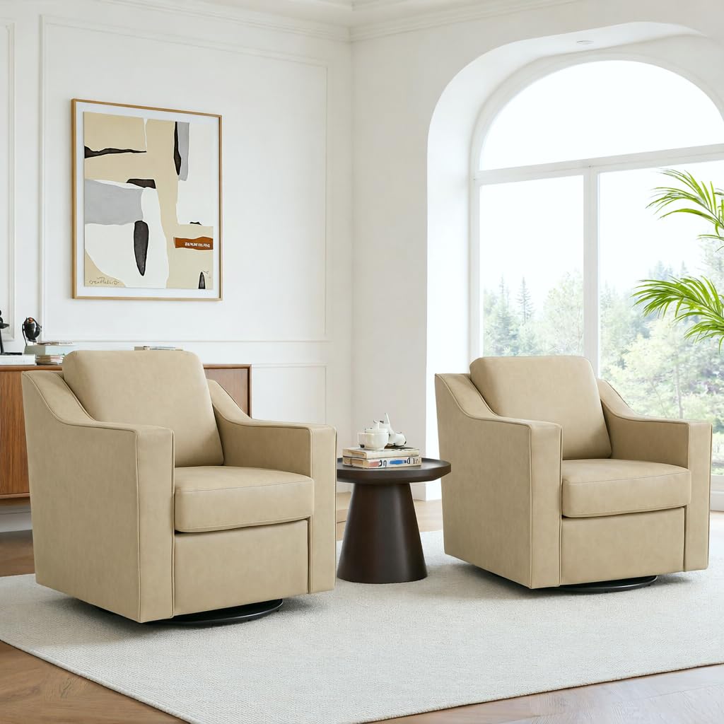 Swivel Accent Chairs Set of 2, 360° Swivel Upholstered Faux Leather Club Armchairs for Living Room, Comfy Single Sofa Reading Chair with Deep Seat, Metal Swivel Base, Coffee
