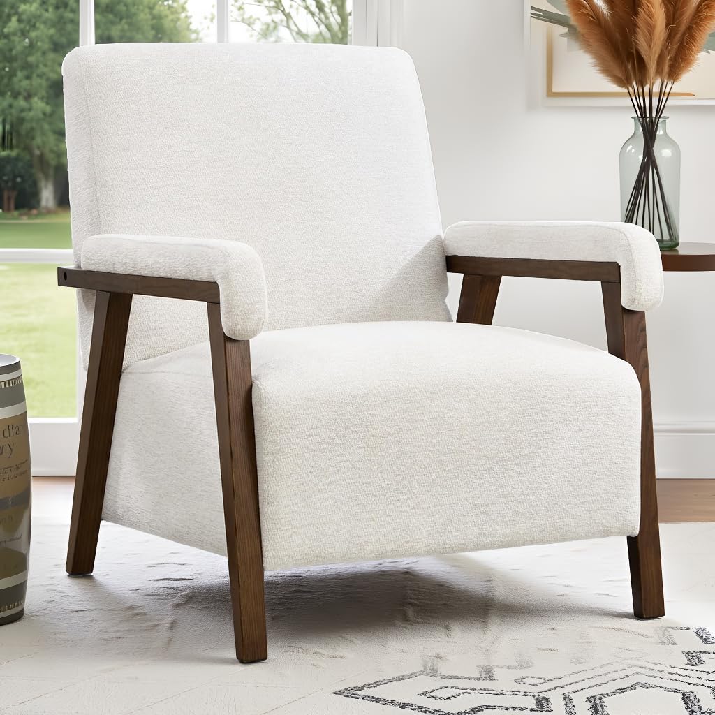 IOMOR Mid Century Modern Accent Chair, Upholstered Armchair with Thick Seat Cushion and Solid Wood Frame, Thick and Comfy Seat Cushion, Short Plush Fabric Arm Chair for Living Room(1,White)