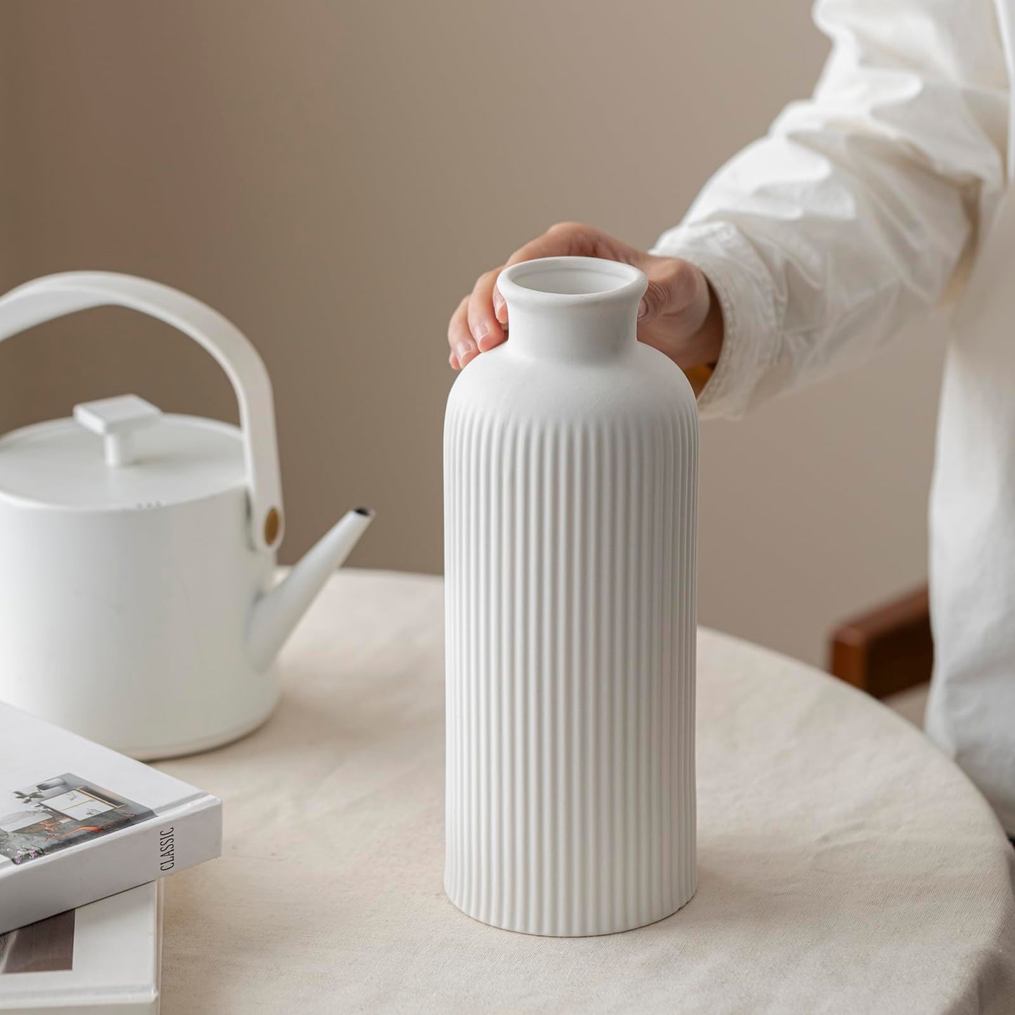 White Ribbed Ceramic Vase for Flowers, Modern Textured Decorative Vase, 10 Inch Tall, Farmhouse Style Home Decor (Matte Glaze White)