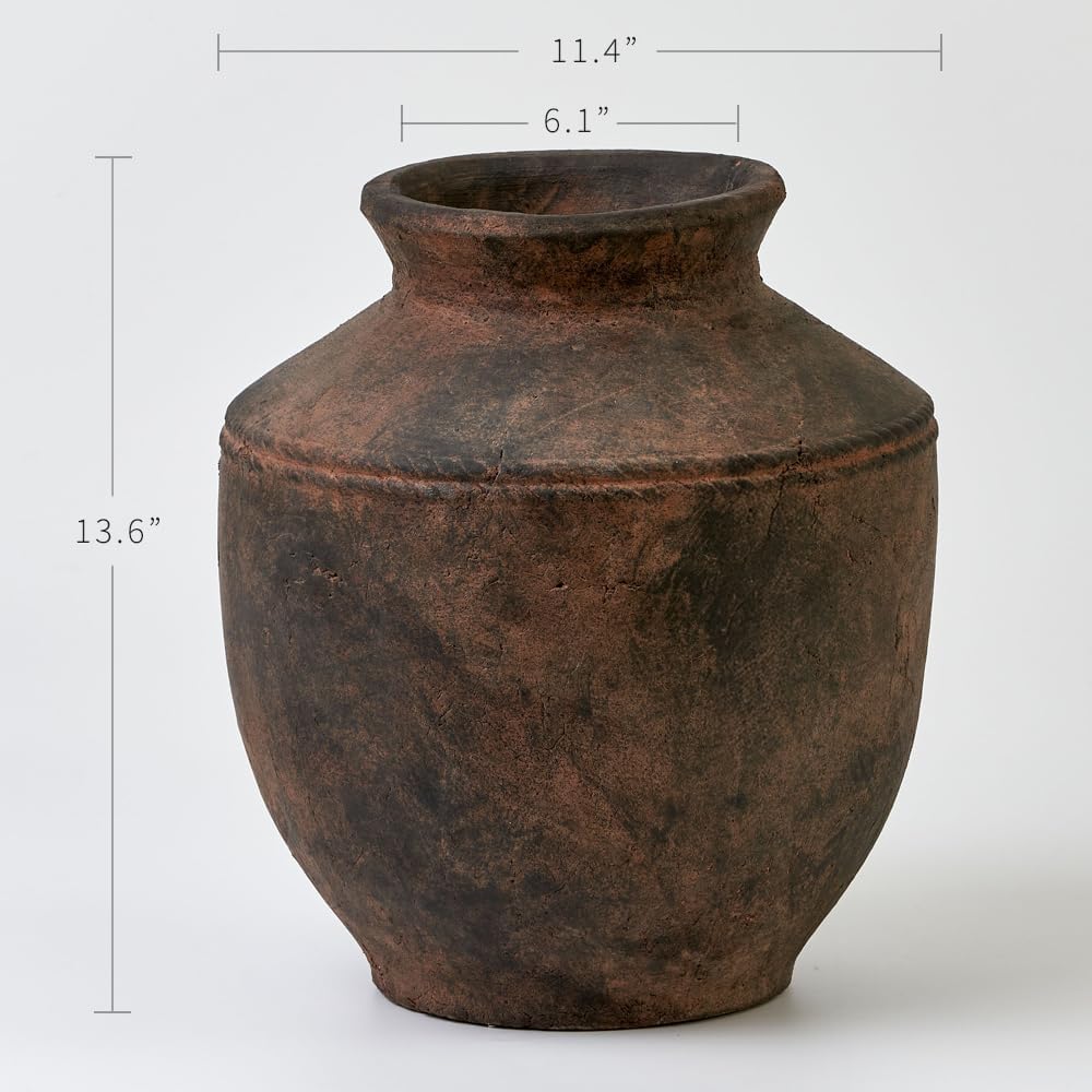 LB2 Ceramic Rustic Vase, 13.6" Tall Zen Style Terra Cotta Pitcher, Distressed Farmhouse Decor, Pottery Decorative Flower Vase for Home, Table, Living Room