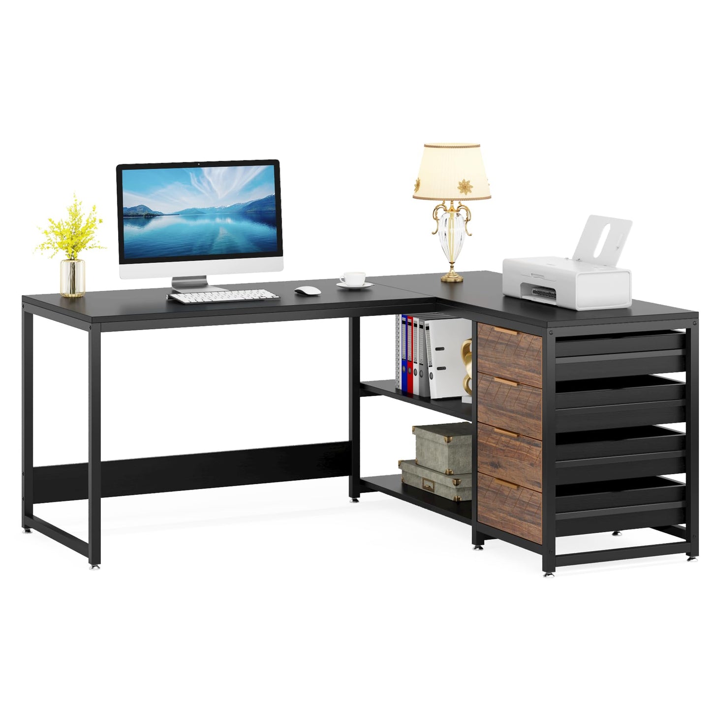 Tribesigns L Shaped Computer Desk with Storage Drawers, 59 inch Corner Desk with Shelves, Reversible L-Shaped Office Desk Study Writing Table Workstation for Home Office, Walnut & White