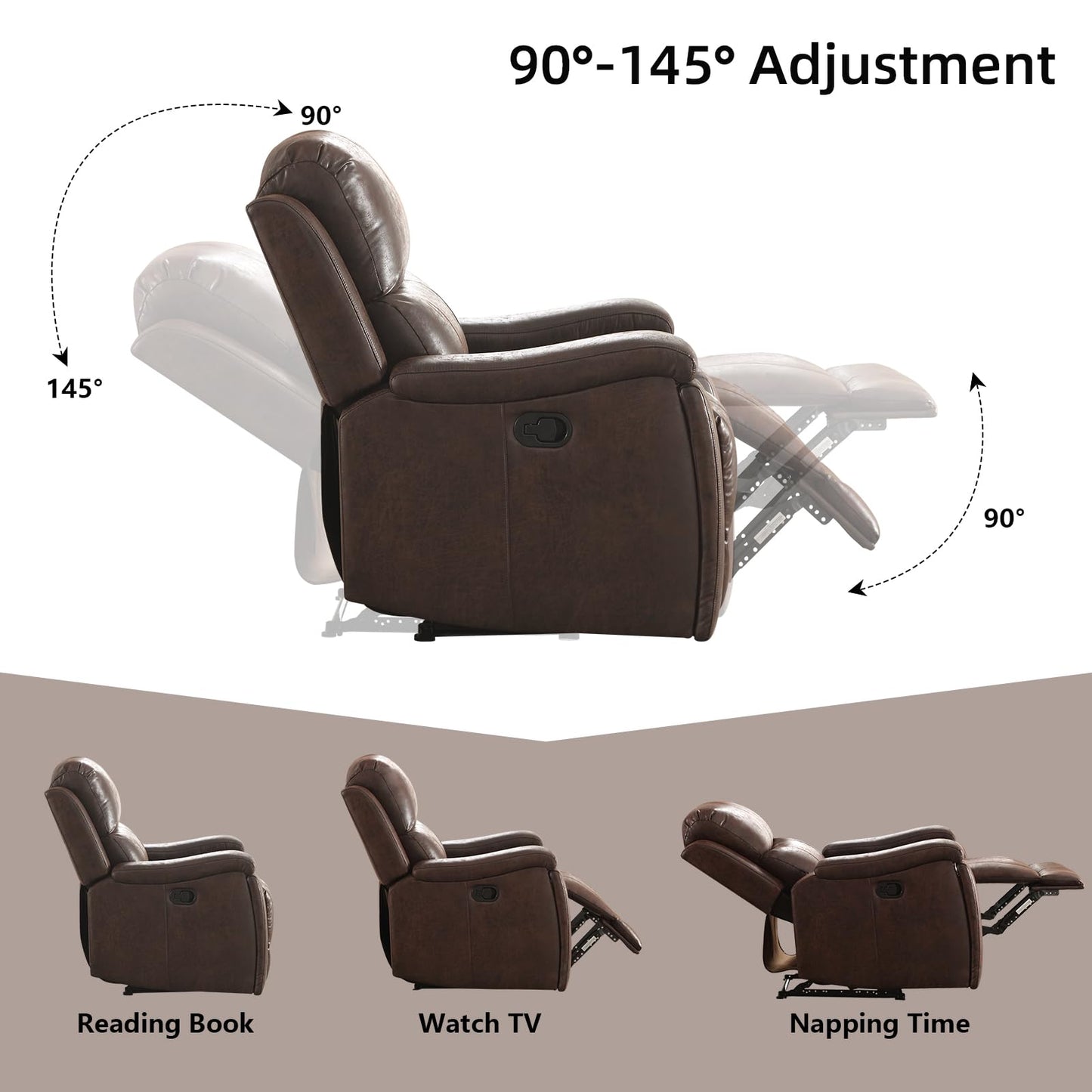 IOMOR Leather Recliner Chair, Manual Recliner Chair for Adults with Overstuffed Arms and Back, Single Sofa Recliner with Cup Holders for Living Room (1, Brown)