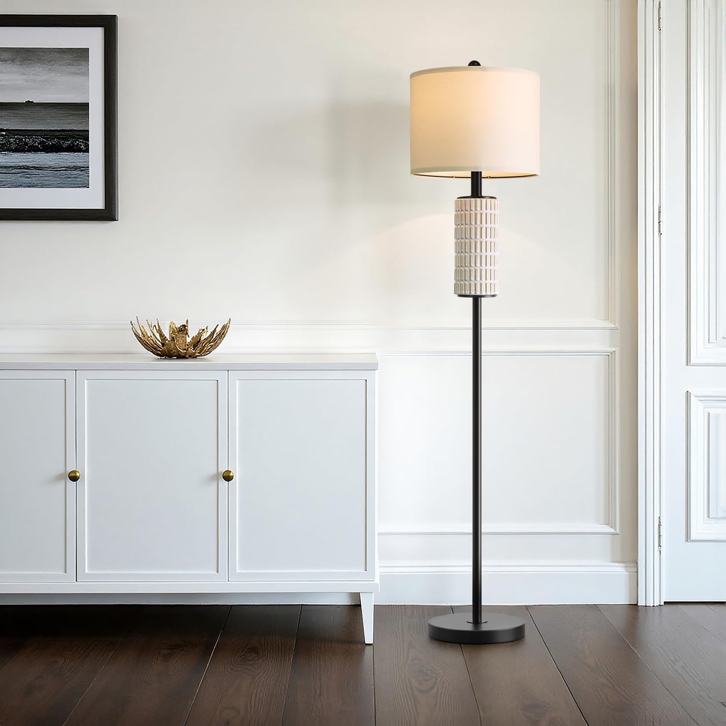 PoKat 64‘’ Ceramic Black Floor Lamp for Living Room Bedroom and 20‘’ Modern Ceramic Table Lamps Set of 2
