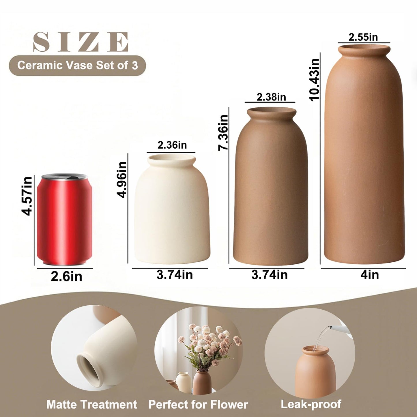 10.4 inches Tall Decorative Ceramic Vase Set, 3 Pieces, Nordic Modern Boho Style, White, Modern Farmhouse for Home Decor (Coffee Mix)