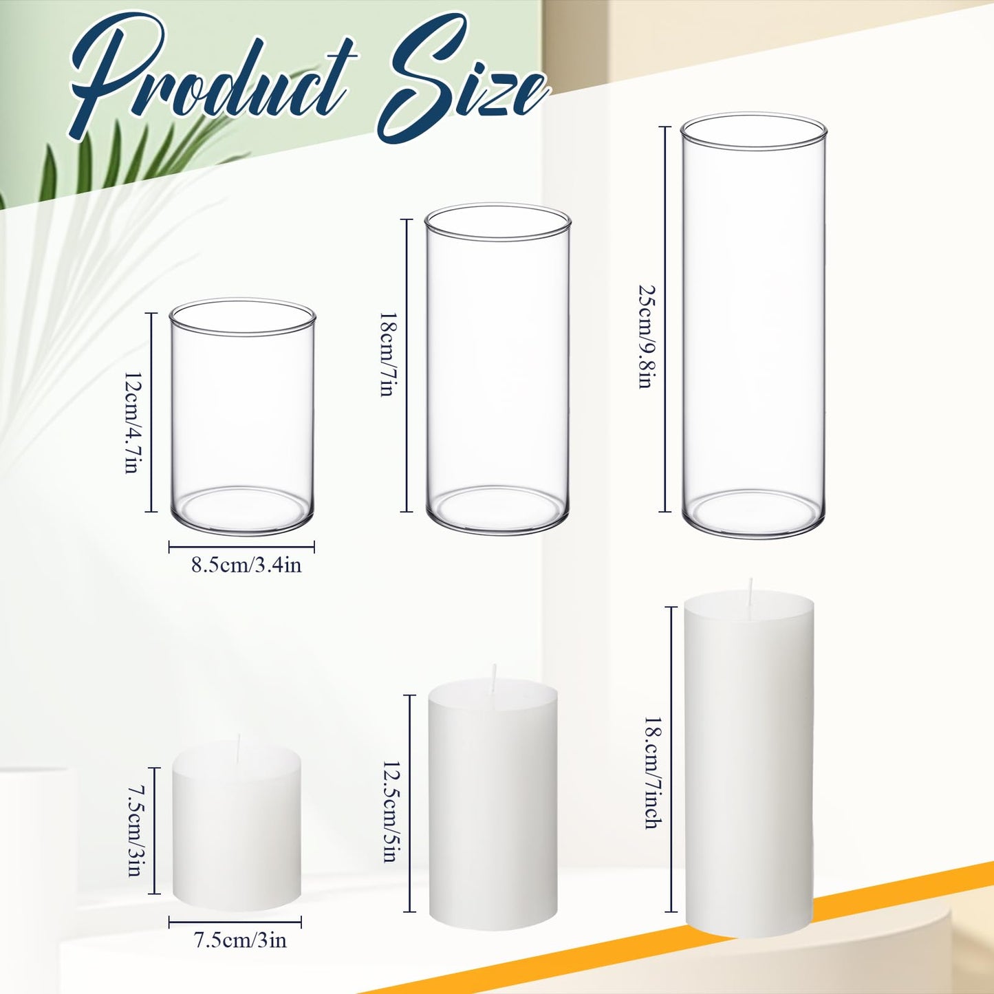 Shihanee Set of 3 Pillar Candles and 3 Glass Cylinder Candle Vases Holders Clear Pillar Jars for Wedding Centerpieces(3'' x 5.9'', 7.9'', 9.8'',Ivory White)