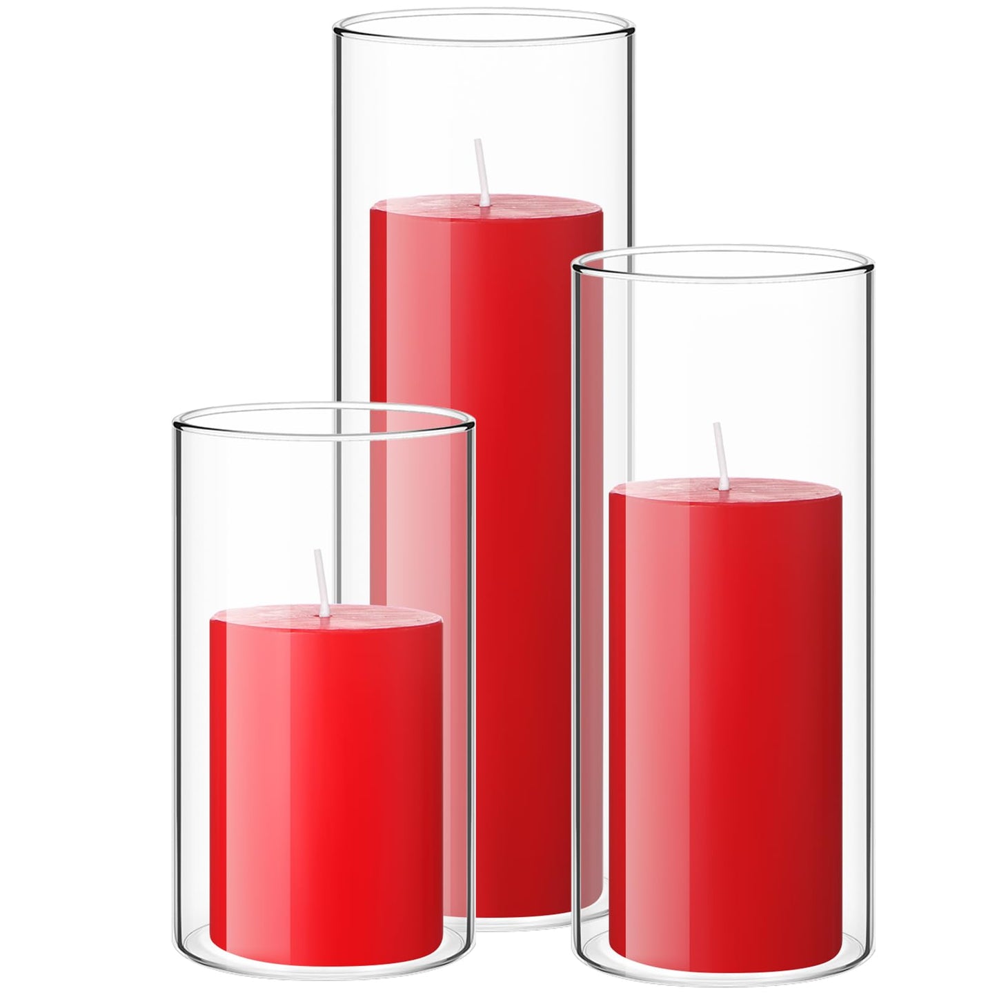 Shihanee Set of 3 Pillar Candles and 3 Glass Cylinder Candle Vases Holders Clear Pillar Jars for Wedding Centerpieces(3'' x 5.9'', 7.9'', 9.8'',Ivory White)
