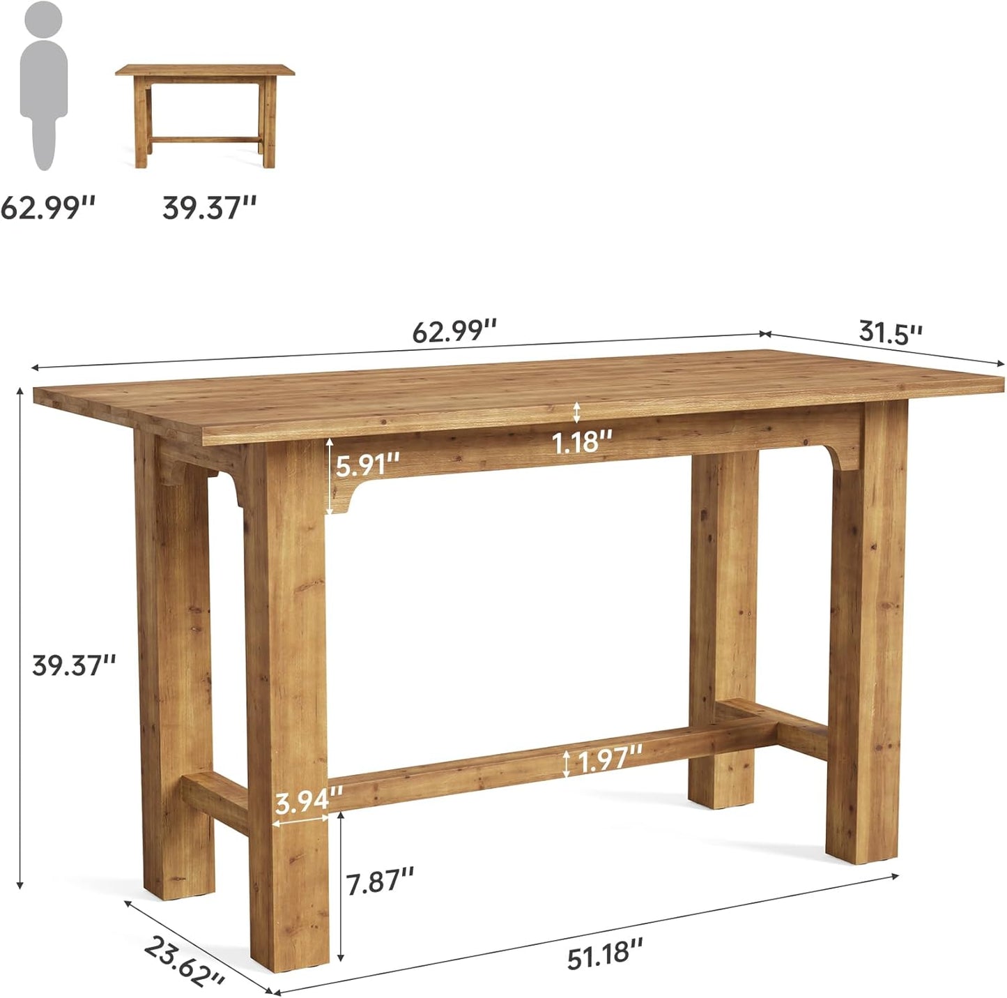 63" Counter Height Table, Solid Wood Bar Height Dining Table for Home Bar & Kitchen, Rectangular High Top Pub Table, Brown