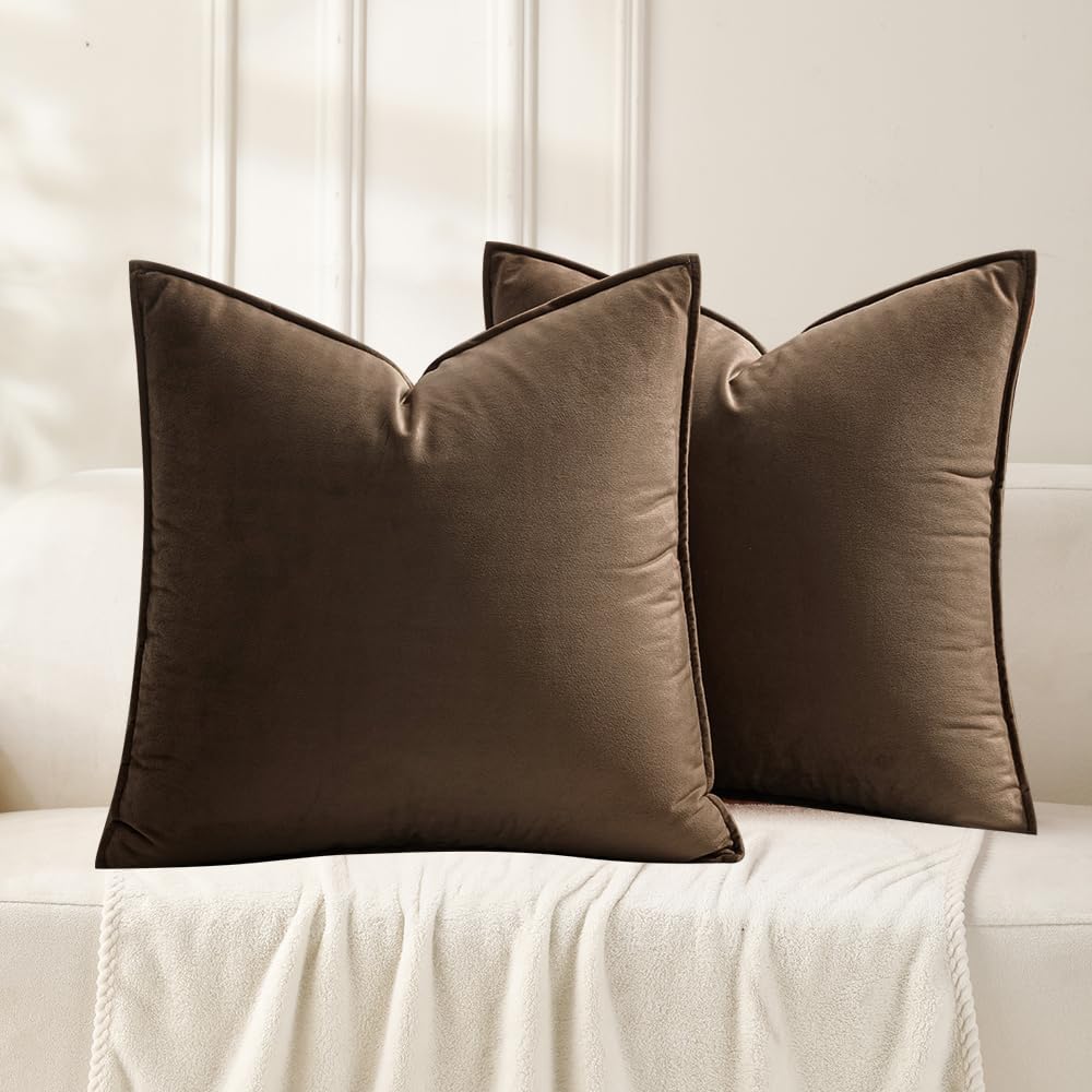 VAKADO Throw Pillow Covers 18x18 Set of 2 Olive Green Velvet Decor Decorative Couch Cushion Euro Xmas Pillowcases with Fringe Home Bed Decoration for Sofa Bedroom Office