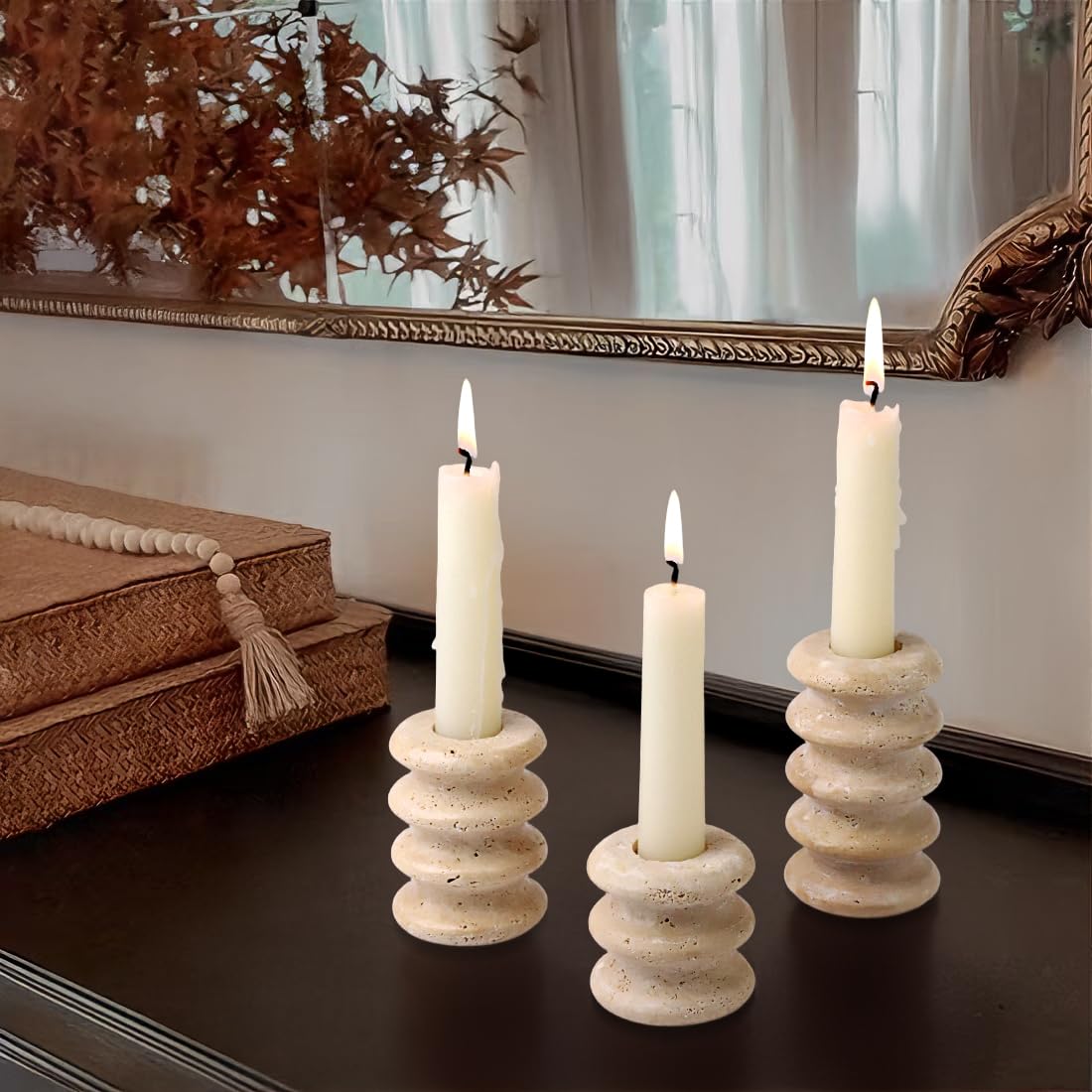 Vixdonos Marble Candle Holder Set of 2 Taper Candle Candlestick Mantle Candle Stand for Home Decor,Wedding,Party and Table Centerpieces(Brown)