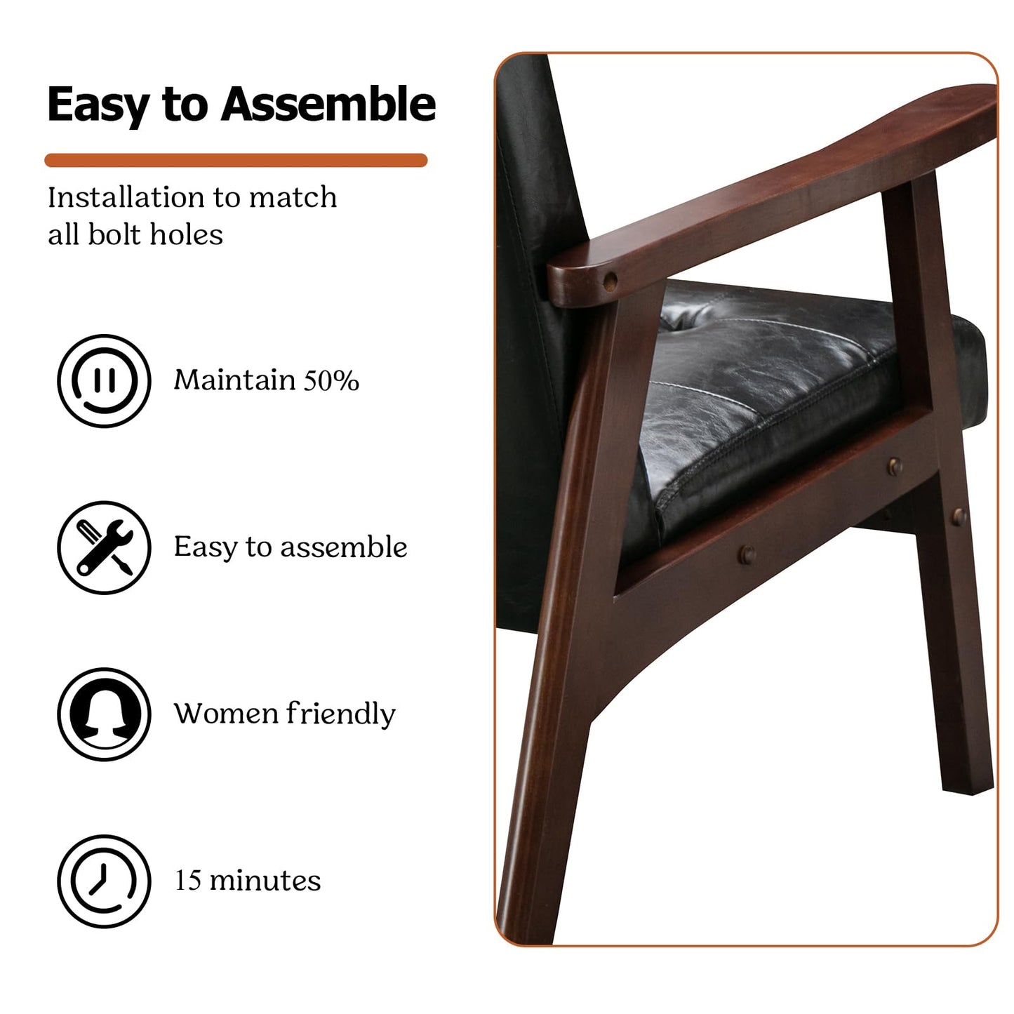 IOMOR Accent Chair Mid Century Modern Chair for Living Room, Comfy Faux Leather Armchair with Solid Wood Frame Soft Thick Padded, Side Chairs Easy Assembly (1, Brown)