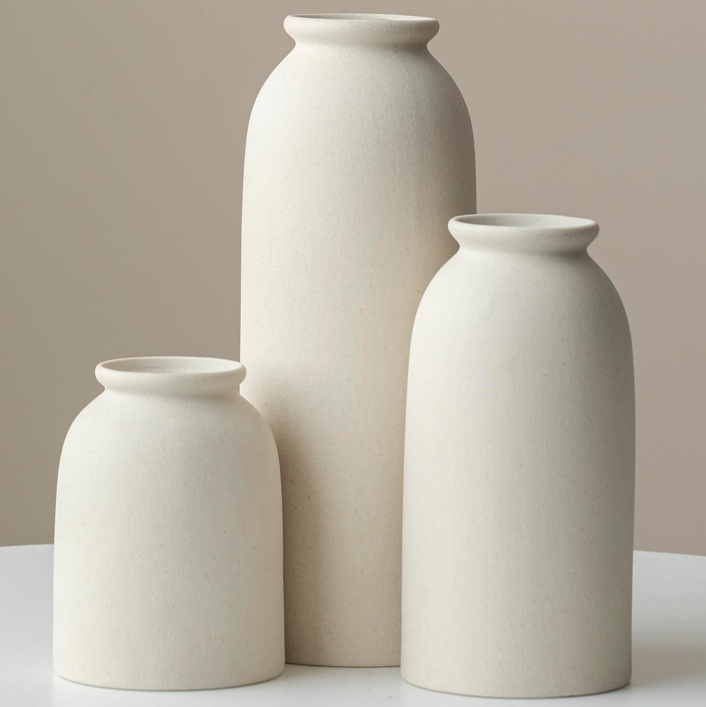 Ceramic Vase Set-3, Small Flower Vases for Decor, Modern Boho Farmhouse Style, Decorative Vases for Pampas Grass & Dried Flowers, Distressed Finish (Beige)