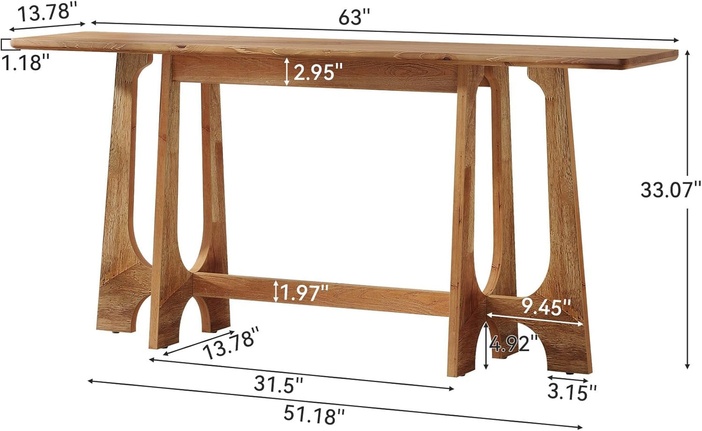 TRIBEWOOD 63-Inch Solid Wood Console Table, Farmhouse Long Sofa Table Behind Couch with Geometric Base for Entryway, Entrance, Living Room, Walnut Brown