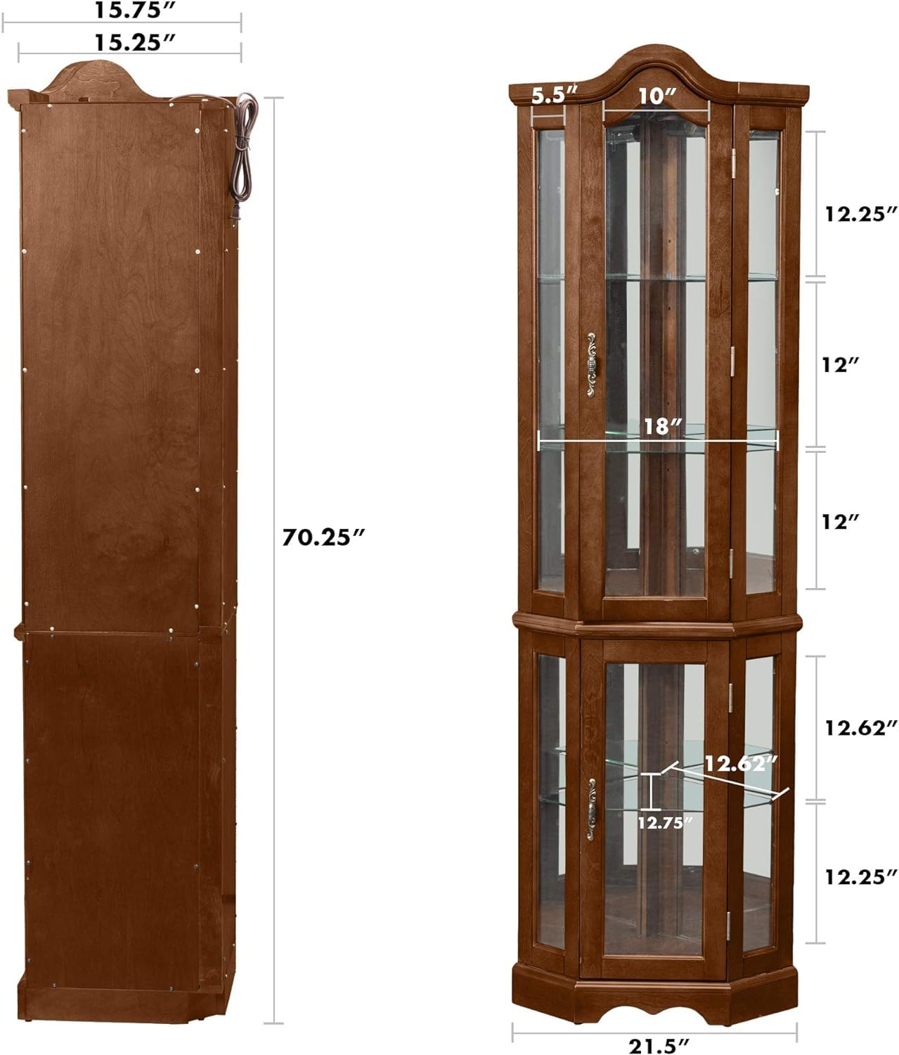 LKTART Corner Storage Cabinet,Glass Display Cabinet with Lights,Corner Curio Cabinet with Tempered Glass Doors and Shelves(70.5" T x15.4 D x 21.7" W Walnut)