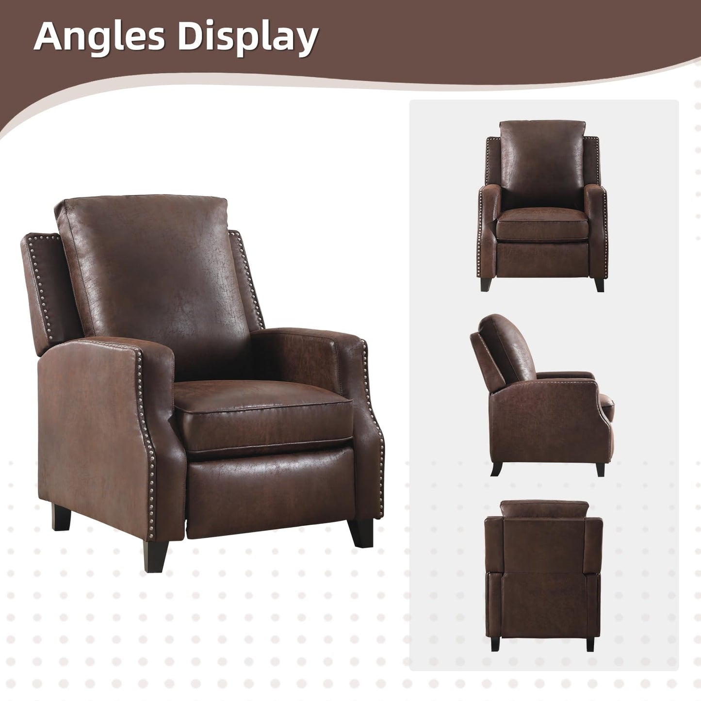 IOMOR Push Back Recliner Chair Faux Leather Lounge Armchair with Rivet Decoration Wingback Single Sofa Chair with Padded Seat Solid Wood Legs for Living Room, Comfy Upholstered, Red Brown