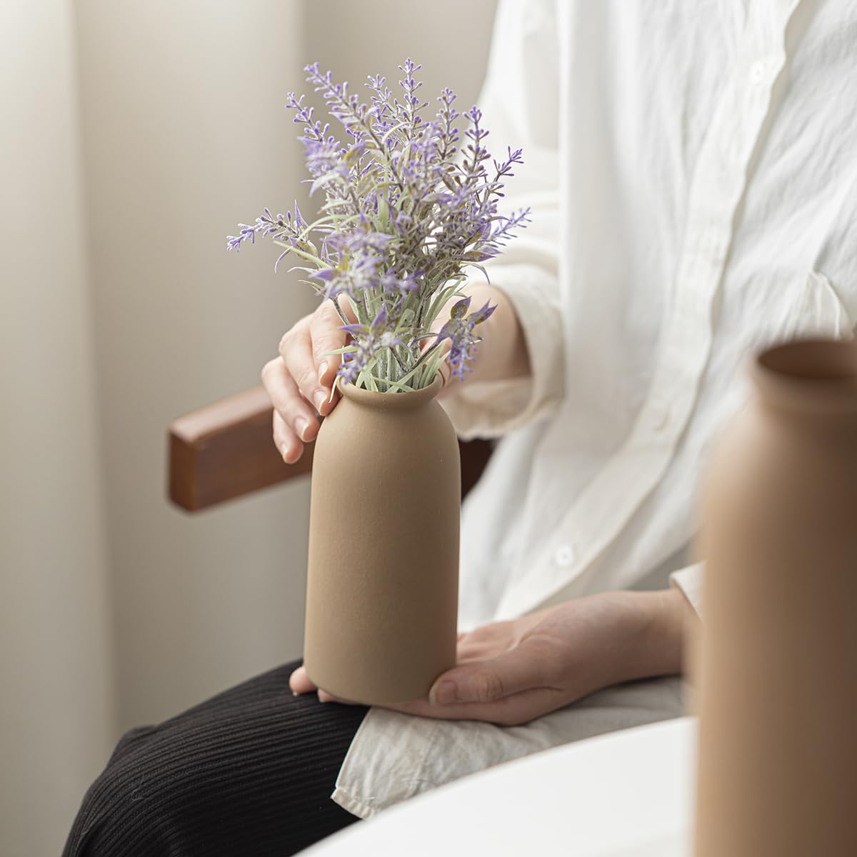Ceramic Vase Set-3, Small Flower Vases for Decor, Modern Boho Farmhouse Style, Decorative Vases for Pampas Grass & Dried Flowers, Distressed Finish (Beige)
