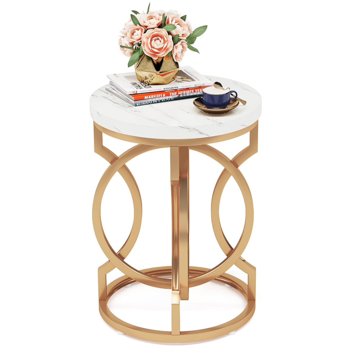 Tribesigns Modern Round End Table Set of 2 with Thickened Tabletop, 20" Gold Side Table with Unique O-Shaped Metal Base, Midcentury Nightstand for Living Room Bedroom, White + Gold