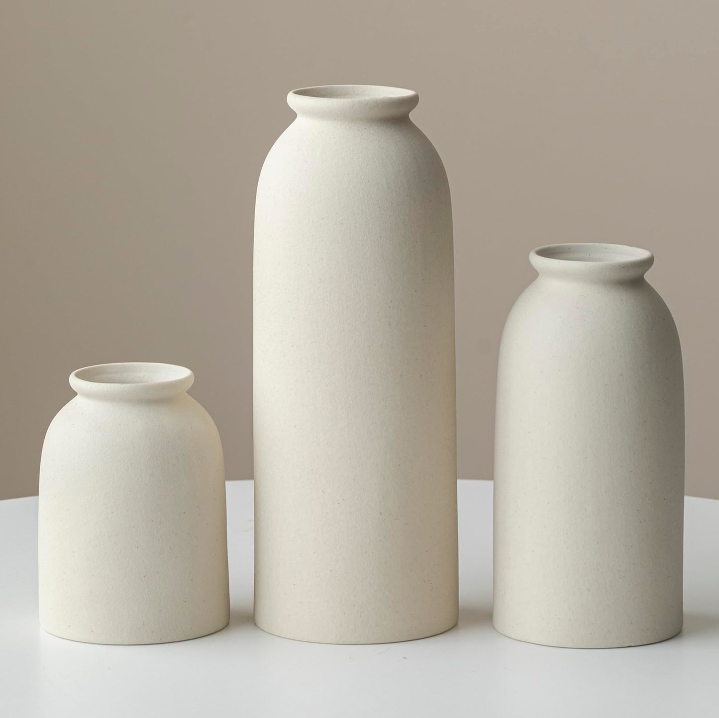 Ceramic Vase Set-3, Small Flower Vases for Decor, Modern Boho Farmhouse Style, Decorative Vases for Pampas Grass & Dried Flowers, Distressed Finish (Beige)