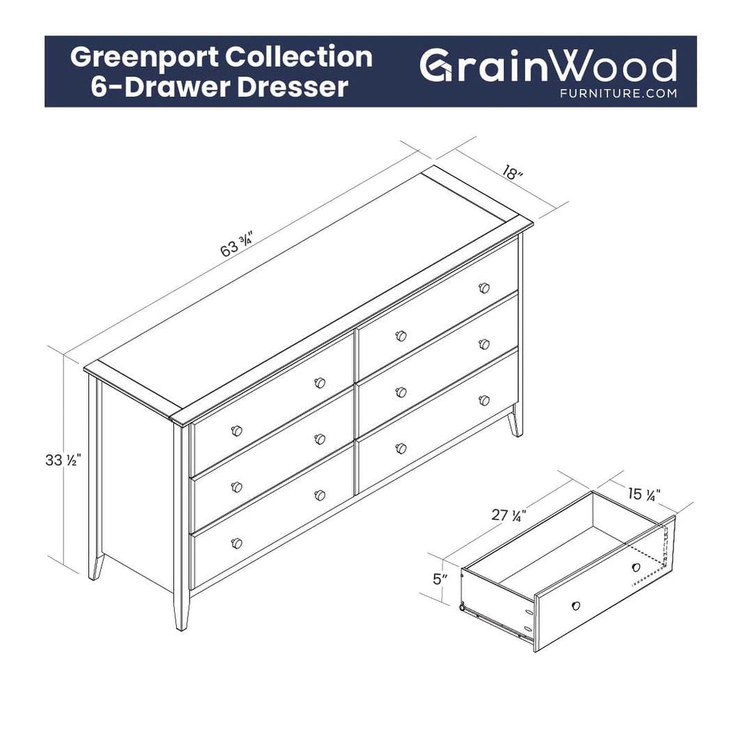Grain Wood Furniture Greenport 6-Drawer Bedroom Dresser, Solid Wood with a Brushed Walnut Finish