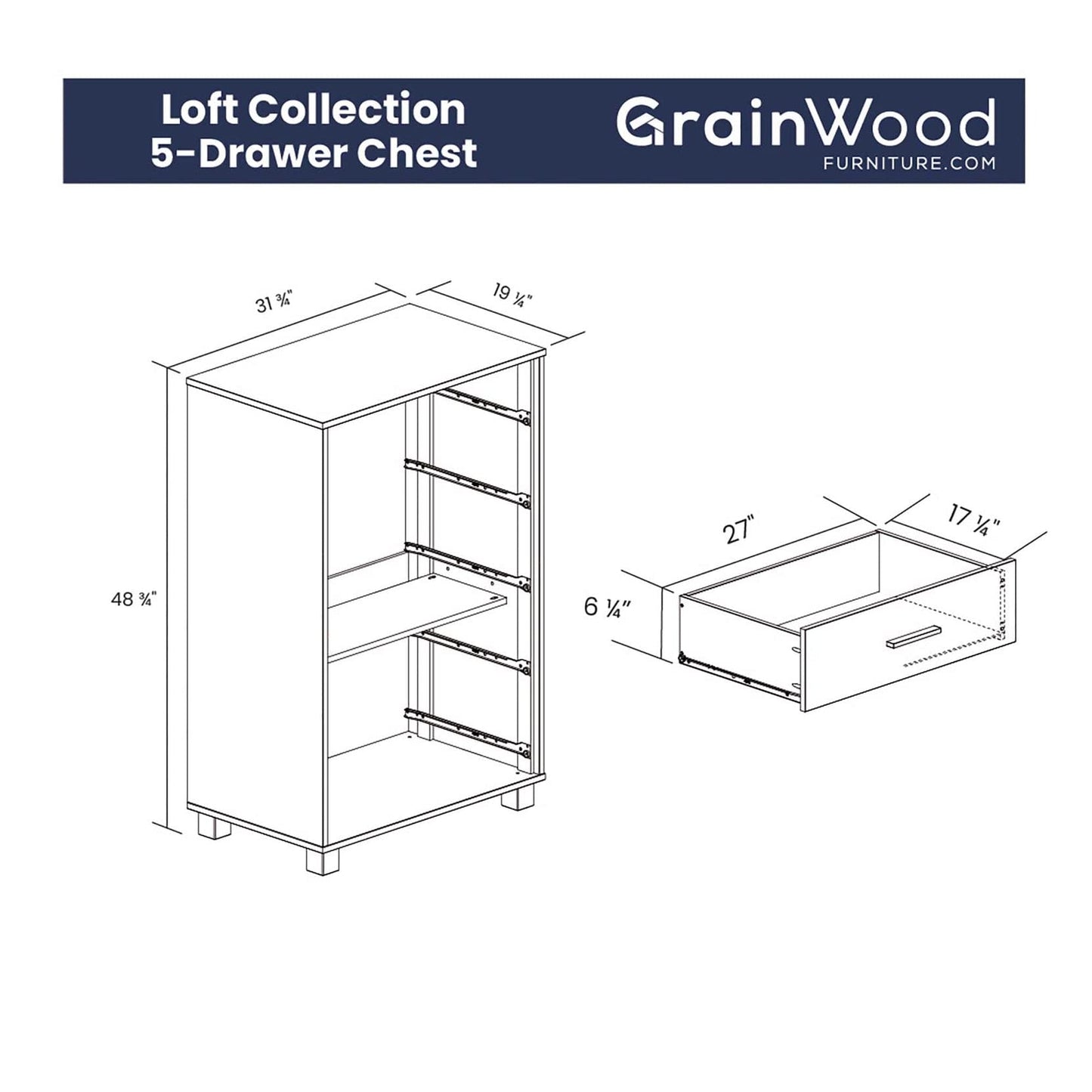 Grain Wood Furniture Loft 5-Drawer Chest, Solid Wood with Brushed White Finish