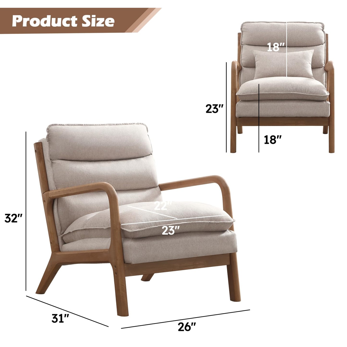 IOMOR Mid Century Modern Accent Chair, Upholstered Lounge Armchair with Plump Back Pillow, Comfy Reading Chair with Solid Wood Frame for Bedroom Living Room, Brown