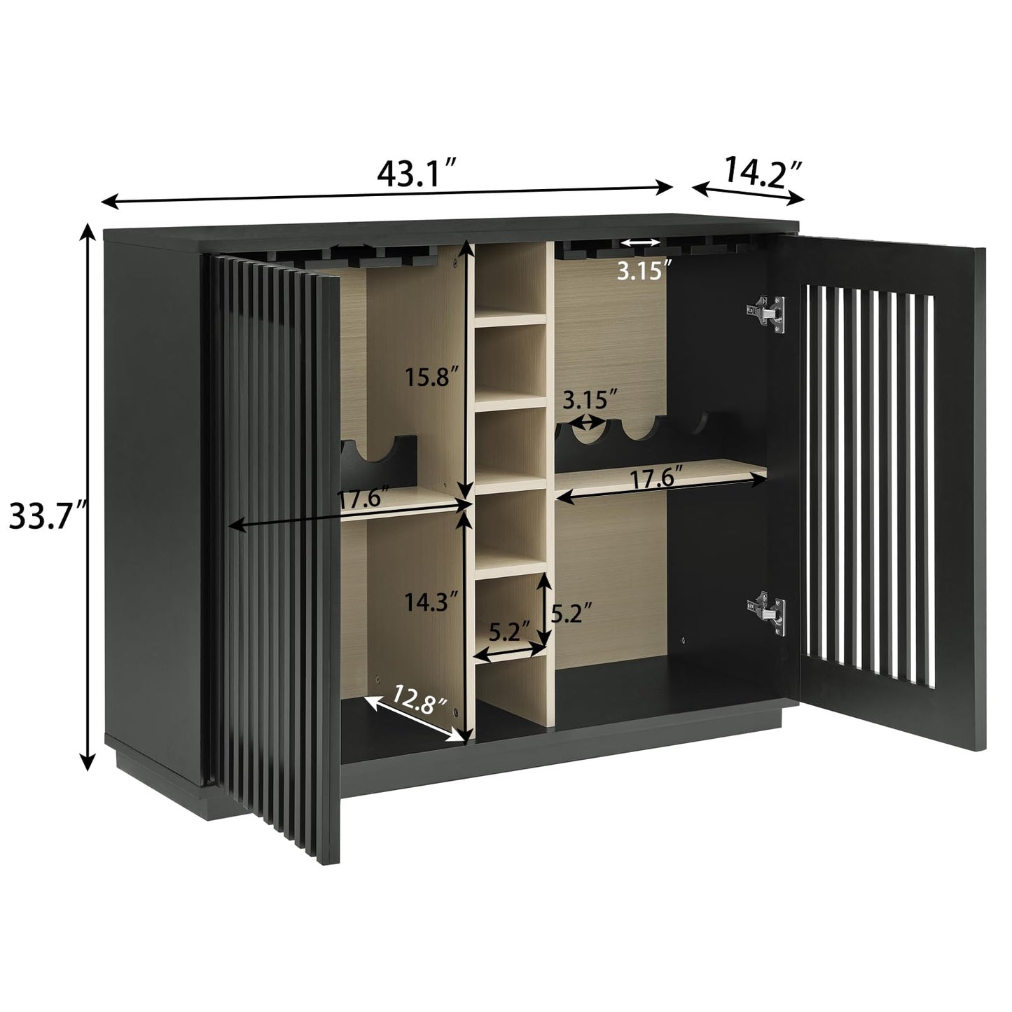 LKTART Wine Cabinet & Coffee Bar with Bottle Holders & Stemware Racks,Liquor Cabinet with Open Storage and Built-in Door Shelves,Bar Cabinet with Solid Wood Legs and Adjustable Shelf