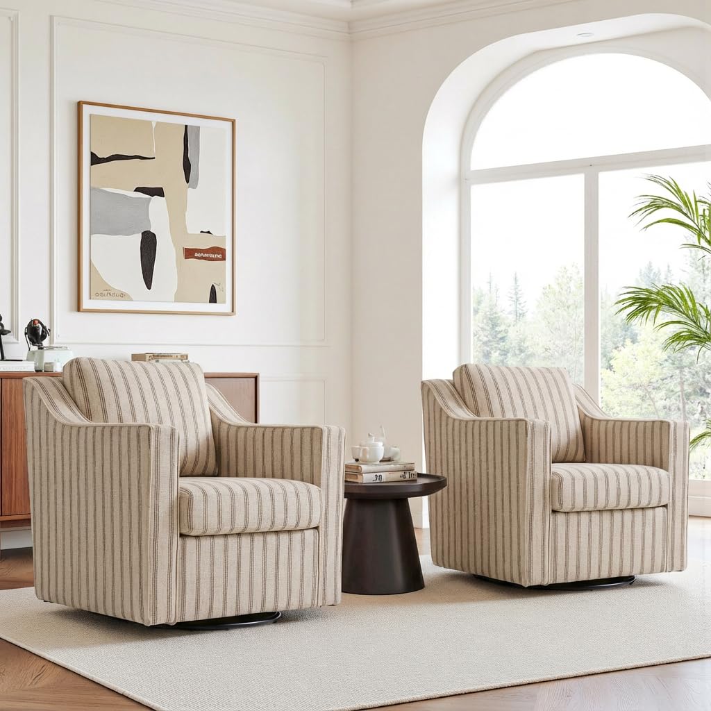 Swivel Accent Chairs Set of 2, 360° Swivel Upholstered Faux Leather Club Armchairs for Living Room, Comfy Single Sofa Reading Chair with Deep Seat, Metal Swivel Base, Coffee