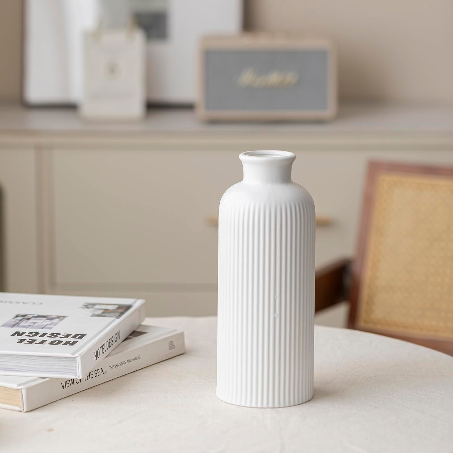 White Ribbed Ceramic Vase for Flowers, Modern Textured Decorative Vase, 10 Inch Tall, Farmhouse Style Home Decor (Matte Glaze White)
