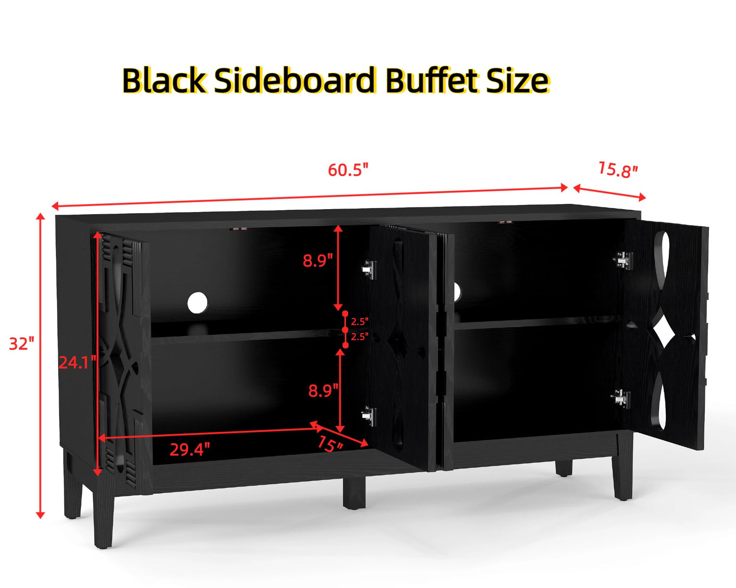 LKTART 60" Mid Century Modern Sideboard Buffet with Hollow Carved Doors and Outlet Holes,Vintage Accent Cabinet Credenzas Storage Cabinet Walnut