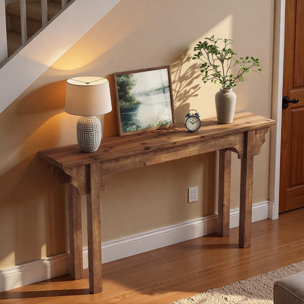 63" Solid Wood Console Table, Mid-Century Modern Entryway Table for Living Room, Hallway, Foyer