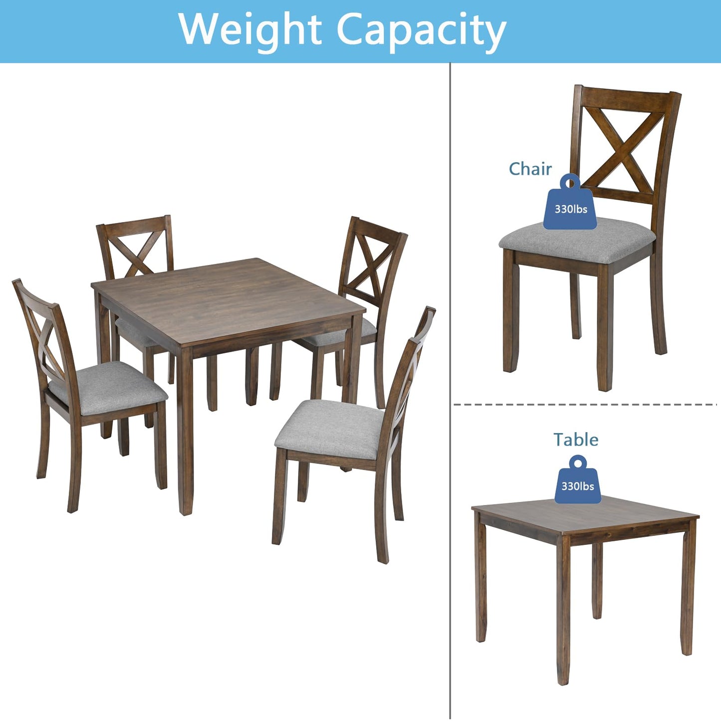 LKTART 5-Piece Kitchen & Dining Room Table and Chairs Sets,Small Square Kitchen Table with 4 Upholstered XX-Shaped Backrest Chairs,Walnut