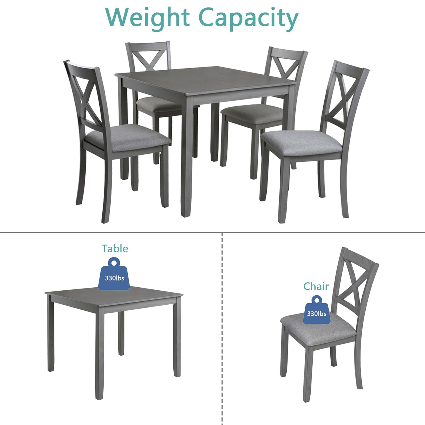 LKTART 5-Piece Kitchen & Dining Room Table and Chairs Sets,Small Square Kitchen Table with 4 Upholstered XX-Shaped Backrest Chairs,Walnut