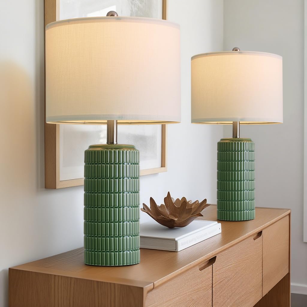 PoKat 20.75" Small Modern Ceramic Table Lamps Set of 2 for Bedroom, White Bedside Lamps for Night Stands, Farmhouse Desk Decor Gift Nightstand Table Lamps for Living Room End Table Beige