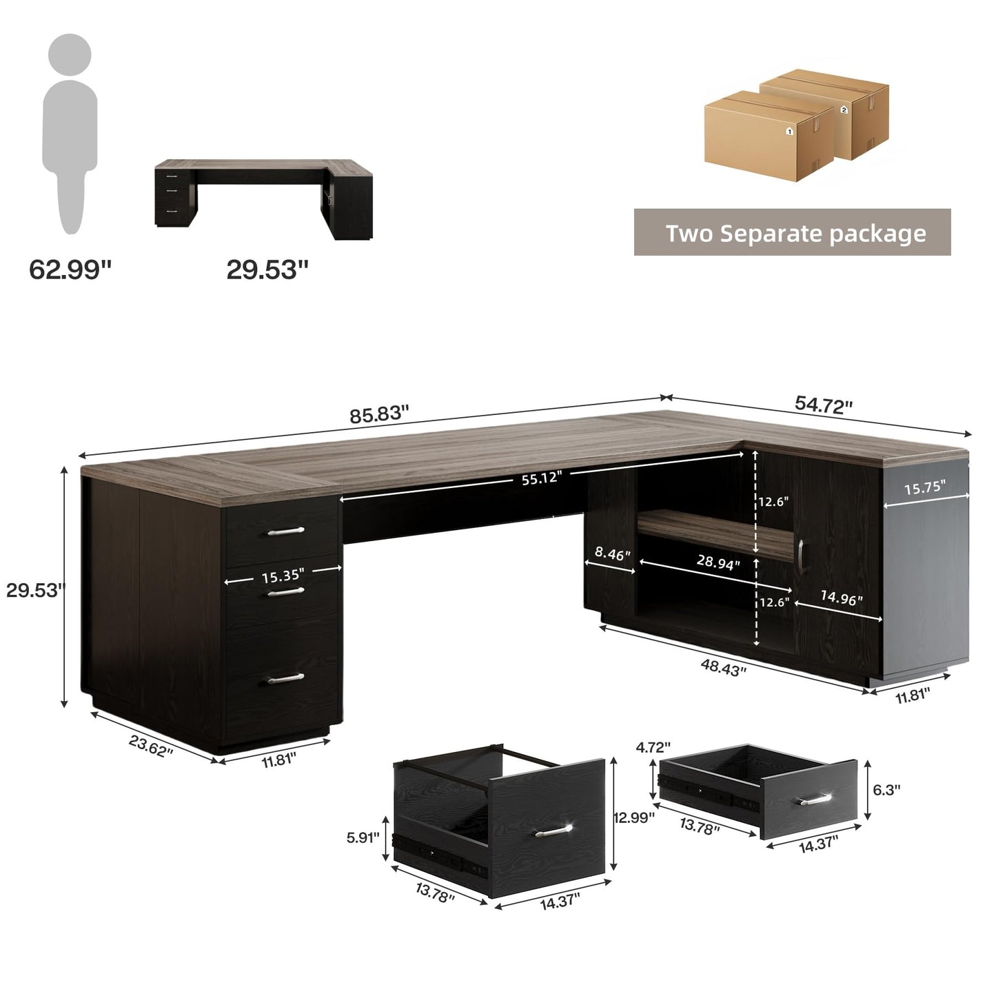 Tribesigns 85.8-Inch L-Shaped Executive Office Desk with File Drawers & Storage Cabinet, Professional Corner Computer Desk Extra Large Business Workstation with Adjustable Shelves (White&Walnut)