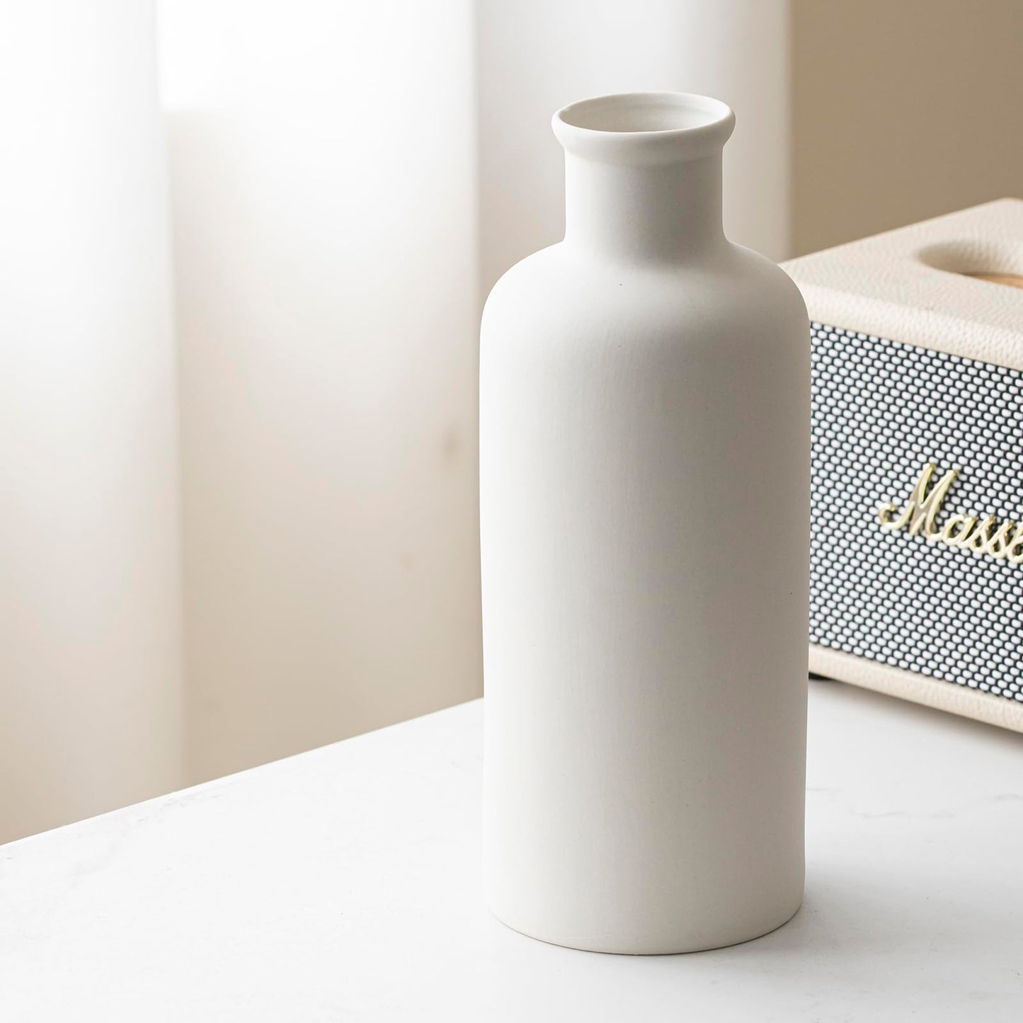 White Ribbed Ceramic Vase for Flowers, Modern Textured Decorative Vase, 10 Inch Tall, Farmhouse Style Home Decor (Matte Glaze White)