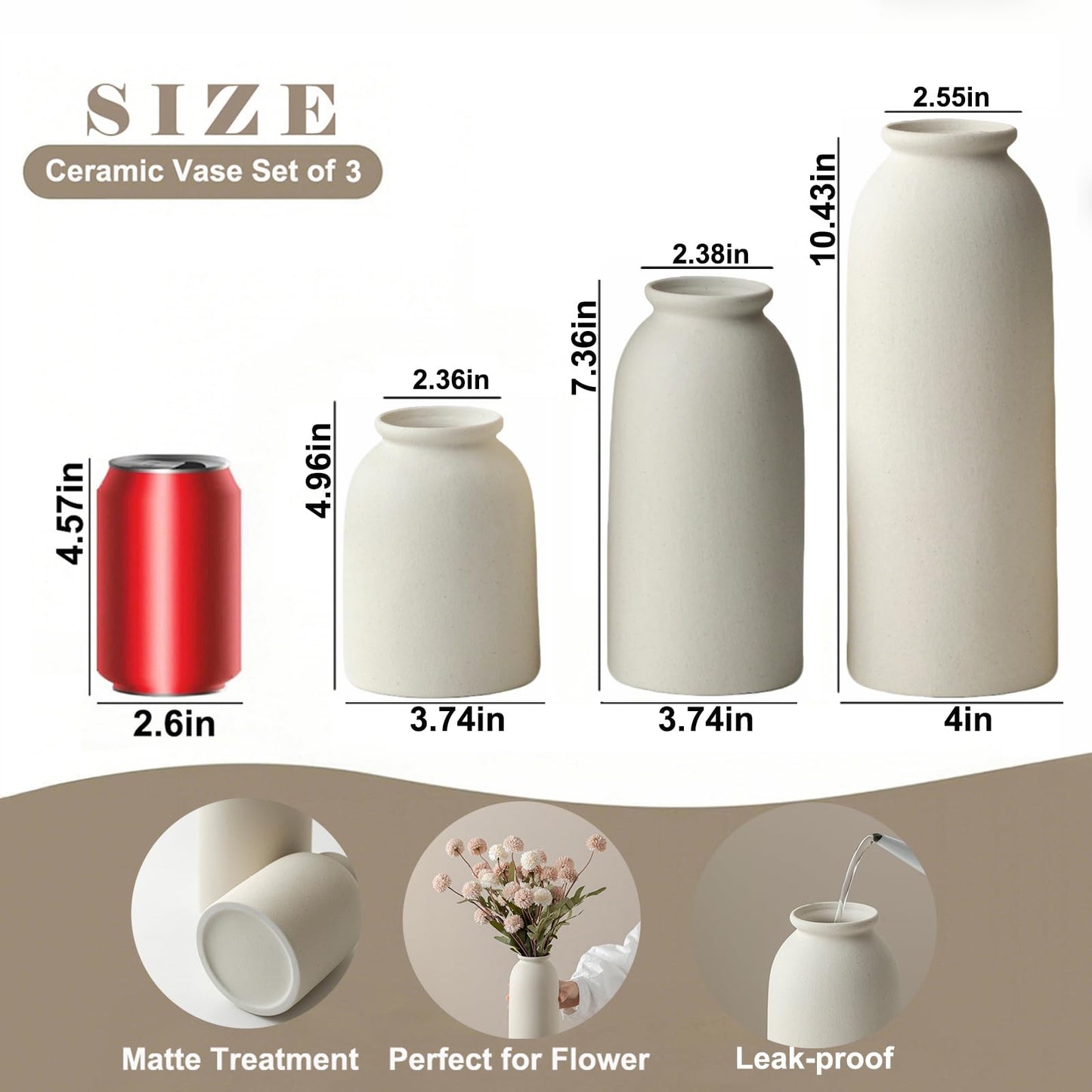 Ceramic Vase Set-3, Small Flower Vases for Decor, Modern Boho Farmhouse Style, Decorative Vases for Pampas Grass & Dried Flowers, Distressed Finish (Beige)