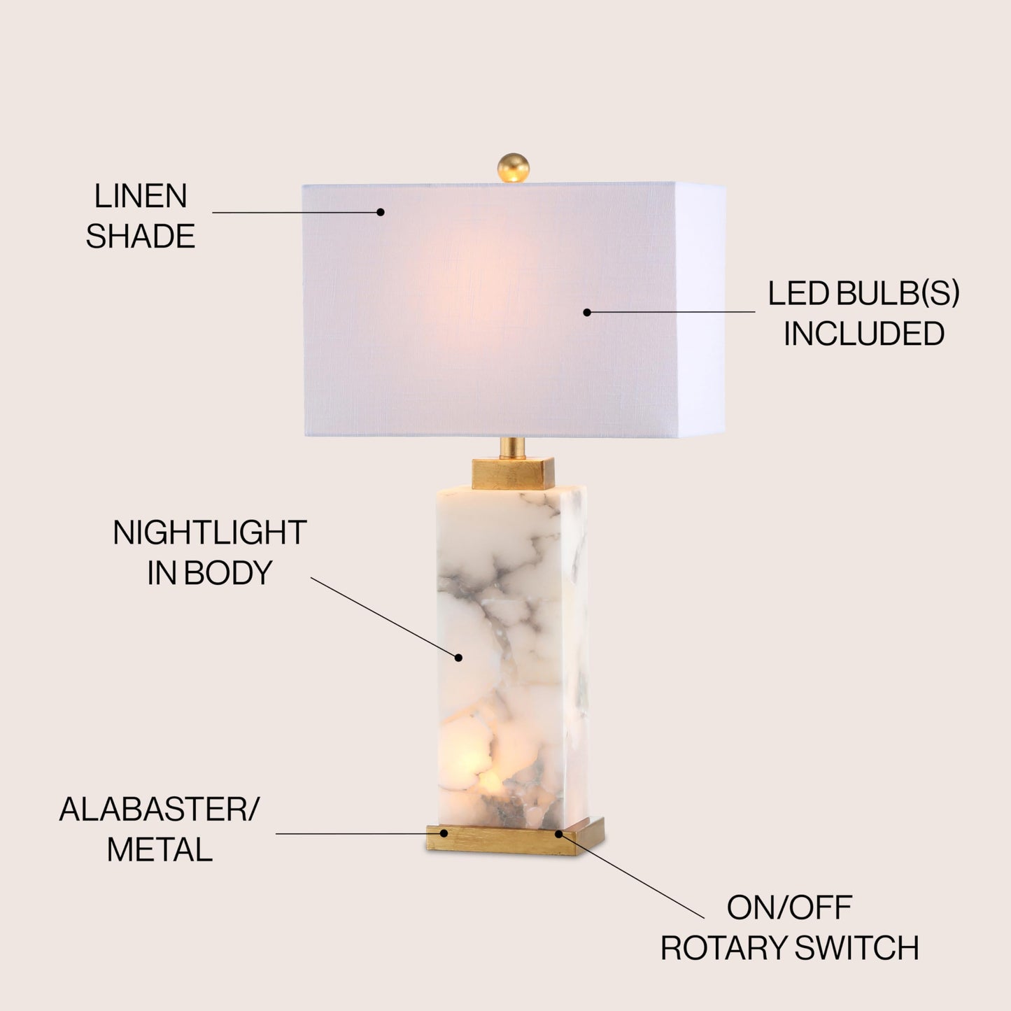 JONATHAN Y 24.25" Black/White Modern Alabaster LED Table Lamp for Home Decor, White Linen Shade, Coastal Nightstand Lamp with Built-in Base Accent Light (JYL8507A)