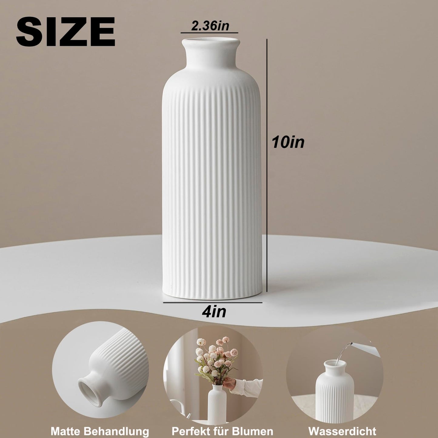 White Ribbed Ceramic Vase for Flowers, Modern Textured Decorative Vase, 10 Inch Tall, Farmhouse Style Home Decor (Matte Glaze White)