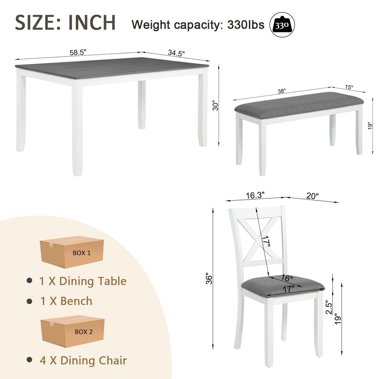 LKTART 6 Piece Kitchen Dining Set, 58.5" Rectangular Wooden Dinner Table with 4 Upholstered Chairs and a Bench for Living Room, Home Bar and Kitchen, Walnut