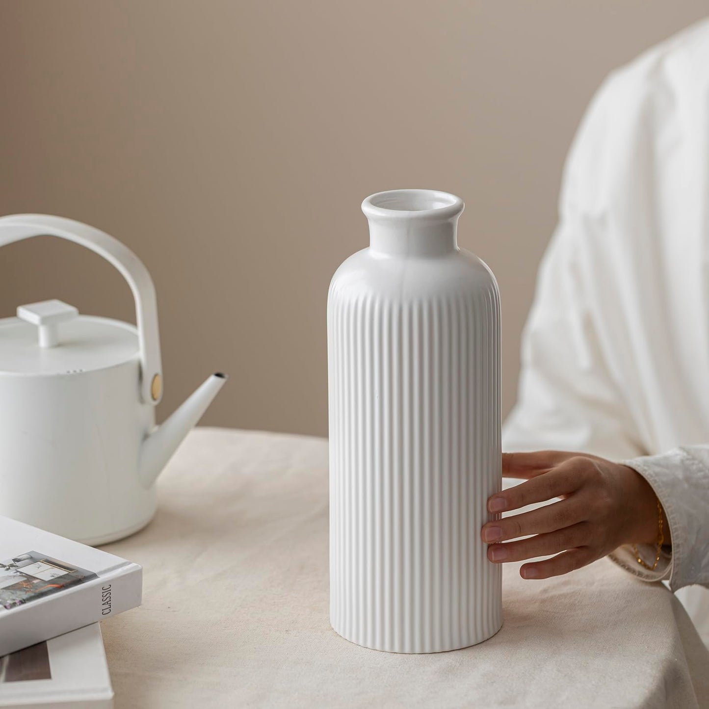 White Ribbed Ceramic Vase for Flowers, Modern Textured Decorative Vase, 10 Inch Tall, Farmhouse Style Home Decor (Matte Glaze White)