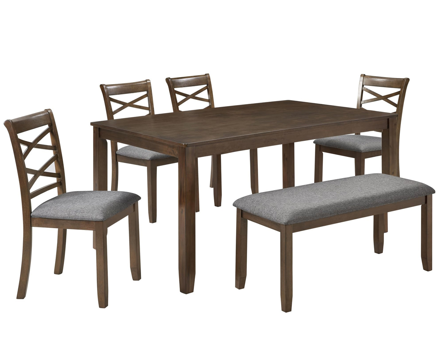 LKTART 6 Piece Kitchen Dining Set, 58.5" Rectangular Wooden Dinner Table with 4 Upholstered Chairs and a Bench for Living Room, Home Bar and Kitchen, Walnut