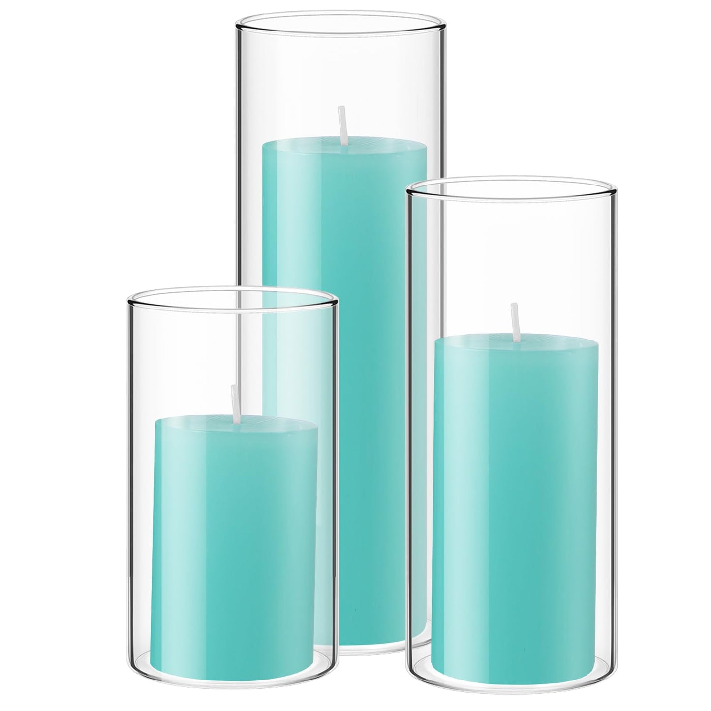 Shihanee Set of 3 Pillar Candles and 3 Glass Cylinder Candle Vases Holders Clear Pillar Jars for Wedding Centerpieces(3'' x 5.9'', 7.9'', 9.8'',Ivory White)